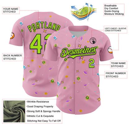 Custom Light Pink Neon Green-Black 3D Pattern Design Retro Pixel Arcade Game Authentic Baseball Jersey - Sky-Custom