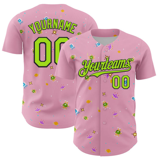 Custom Light Pink Neon Green-Black 3D Pattern Design Retro Pixel Arcade Game Authentic Baseball Jersey - Sky-Custom
