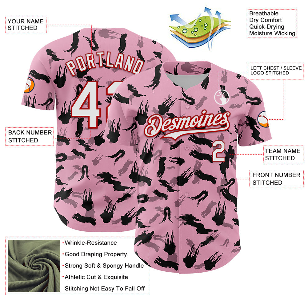 Custom Light Pink White-Red 3D Pattern Design Graffiti Ink Brush Stroke Authentic Baseball Jersey - Sky-Custom