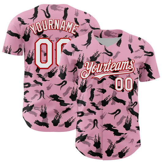 Custom Light Pink White-Red 3D Pattern Design Graffiti Ink Brush Stroke Authentic Baseball Jersey - Sky-Custom