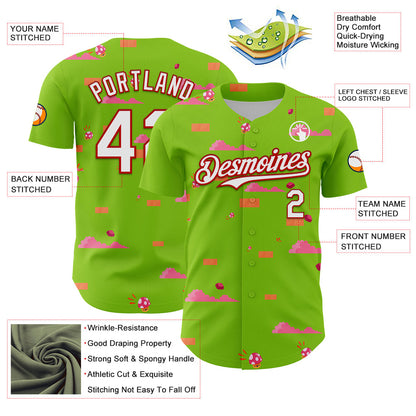 Custom Neon Green White-Red 3D Pattern Design Retro Pixel Arcade Game Authentic Baseball Jersey - Sky-Custom
