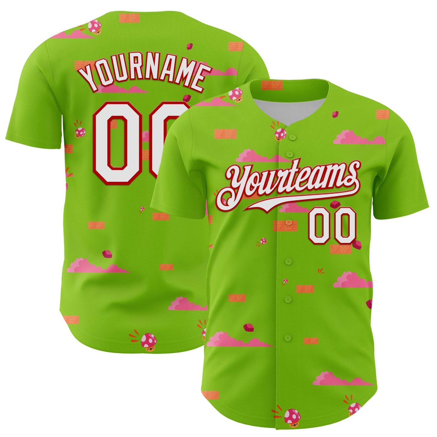 Custom Neon Green White-Red 3D Pattern Design Retro Pixel Arcade Game Authentic Baseball Jersey - Sky-Custom