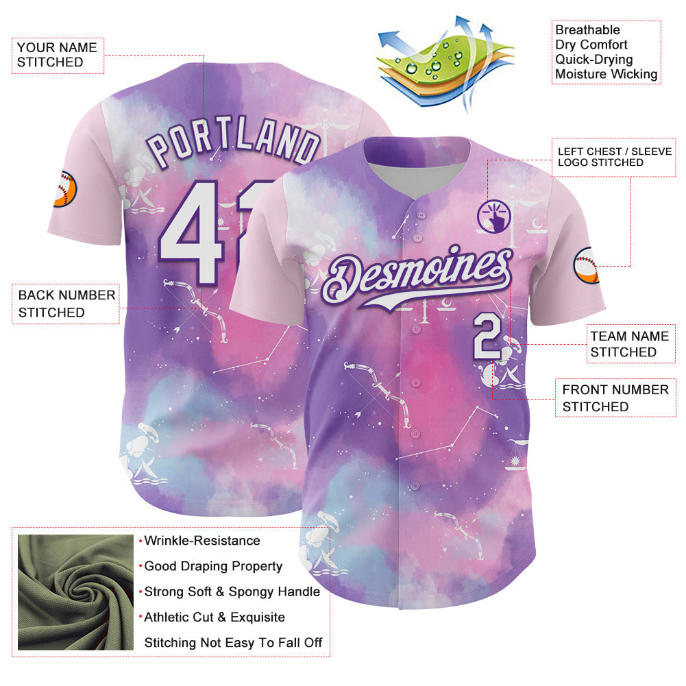 Custom Purple White 3D Pattern Design Constellation Space Galaxy Star Authentic Baseball Jersey - Sky-Custom