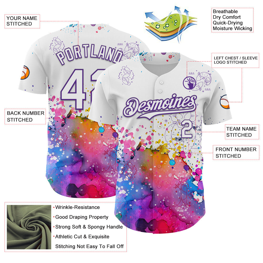 Custom White Purple 3D Pattern Design Graffiti Splash And Constellation Space Galaxy Star Authentic Baseball Jersey - Sky-Custom