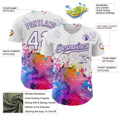 Custom White Purple 3D Pattern Design Graffiti Splash And Constellation Space Galaxy Star Authentic Baseball Jersey - Sky-Custom