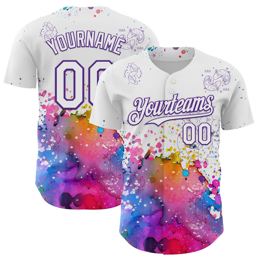 Custom White Purple 3D Pattern Design Graffiti Splash And Constellation Space Galaxy Star Authentic Baseball Jersey - Sky-Custom