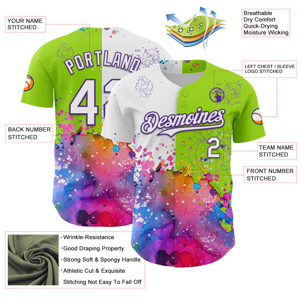 Custom Neon Green White-Purple 3D Pattern Design Graffiti Splash And Constellation Space Galaxy Star Authentic Baseball Jersey - Sky-Custom