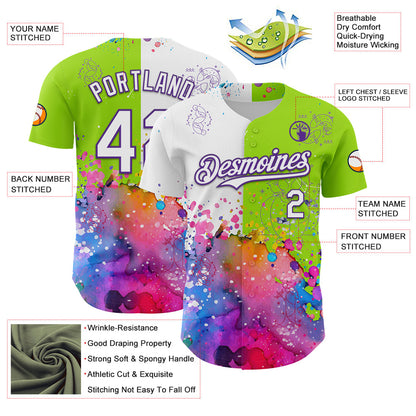 Custom Neon Green White-Purple 3D Pattern Design Graffiti Splash And Constellation Space Galaxy Star Authentic Baseball Jersey - Sky-Custom