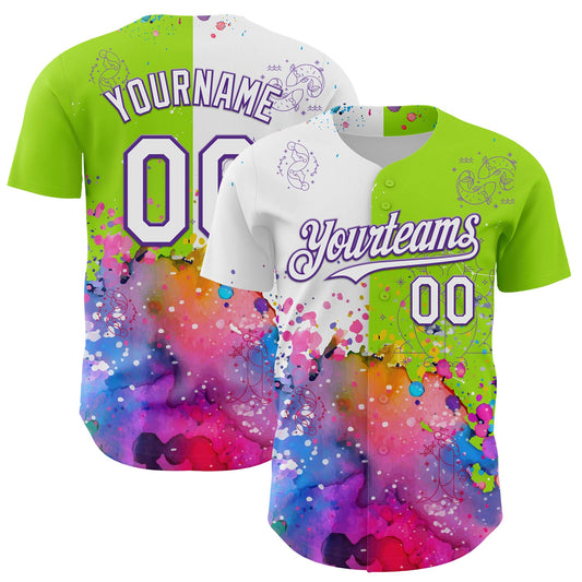 Custom Neon Green White-Purple 3D Pattern Design Graffiti Splash And Constellation Space Galaxy Star Authentic Baseball Jersey - Sky-Custom