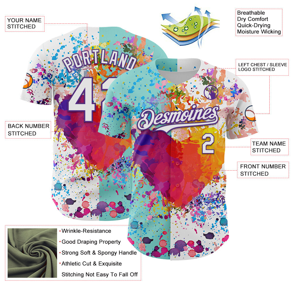 Custom White Ice Blue-Purple 3D Pattern Design Graffiti Splash Authentic Baseball Jersey - Sky-Custom