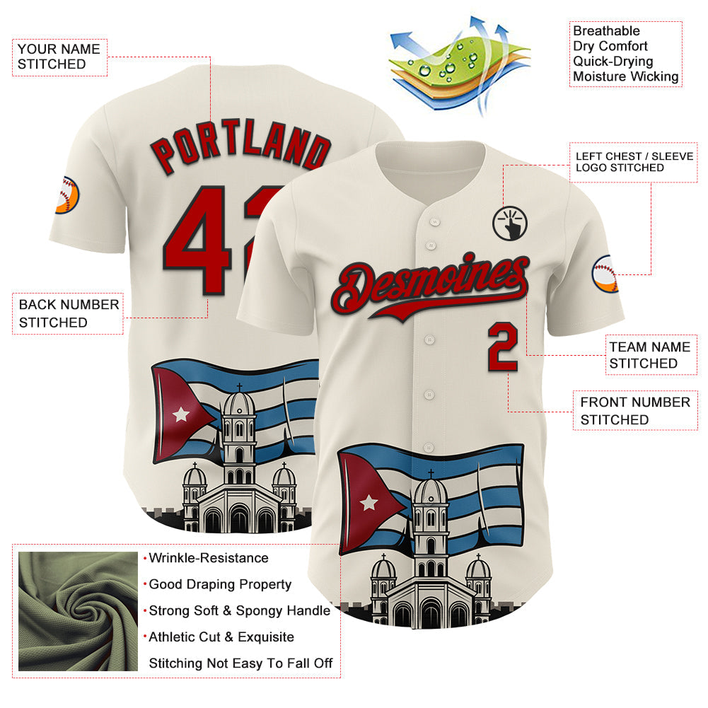 Custom Cream Red-Black 3D Cuba Santiago Cuban Flag Authentic Baseball Jersey - Sky-Custom