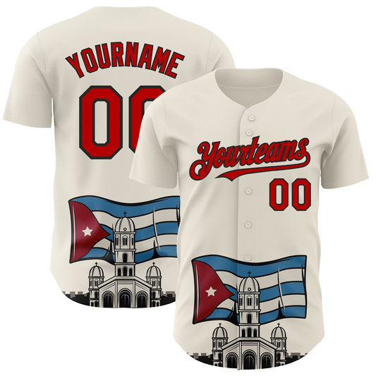 Custom Cream Red-Black 3D Cuba Santiago Cuban Flag Authentic Baseball Jersey - Sky-Custom