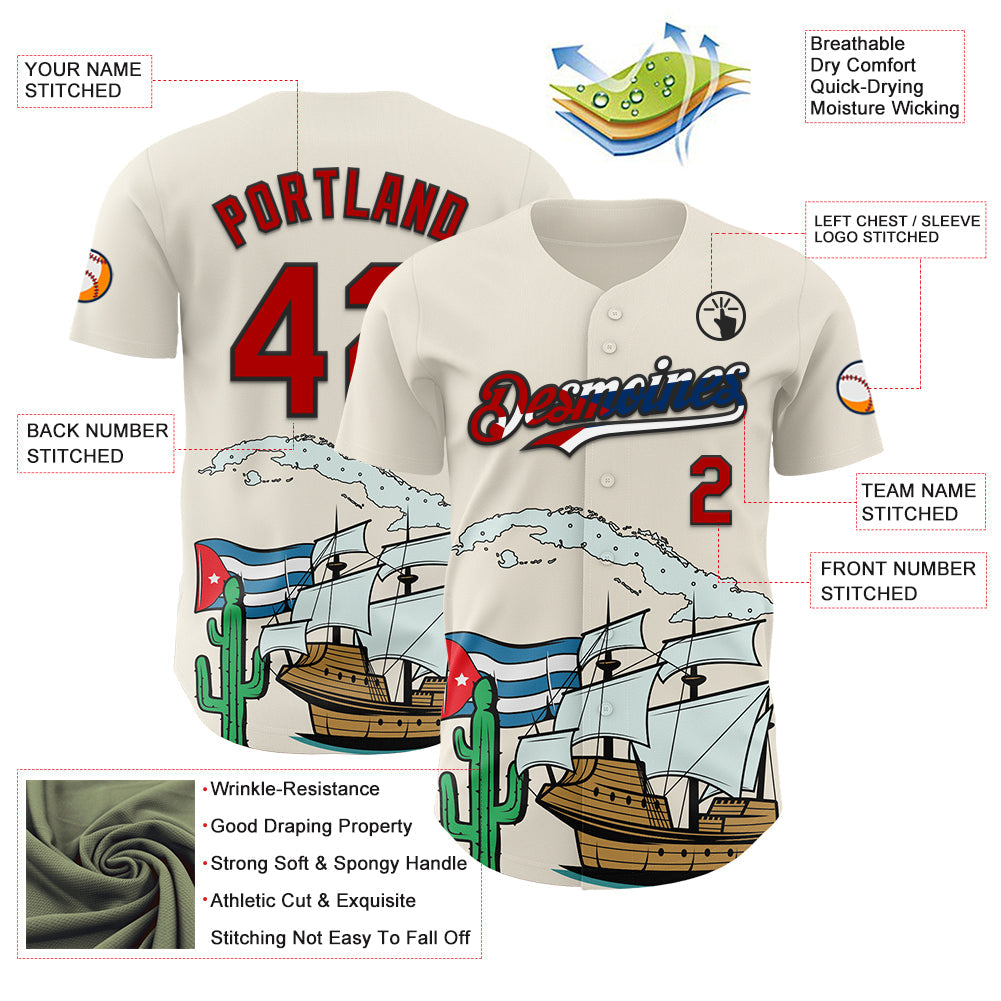 Custom Cream Red Black-Cuban Flag 3D Cuba Authentic Baseball Jersey - Sky-Custom
