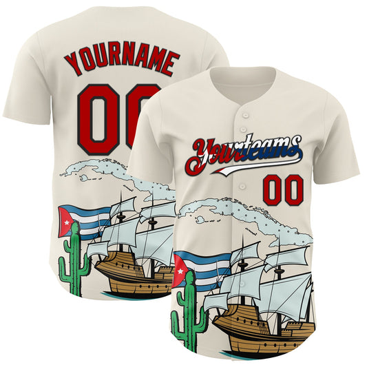Custom Cream Red Black-Cuban Flag 3D Cuba Authentic Baseball Jersey - Sky-Custom