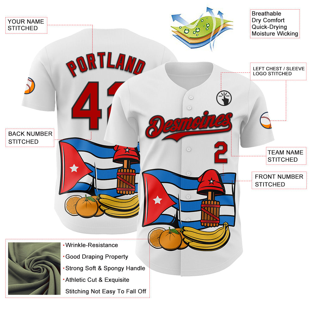 Custom White Red-Black 3D Cuba Cuban Flag Authentic Baseball Jersey - Sky-Custom