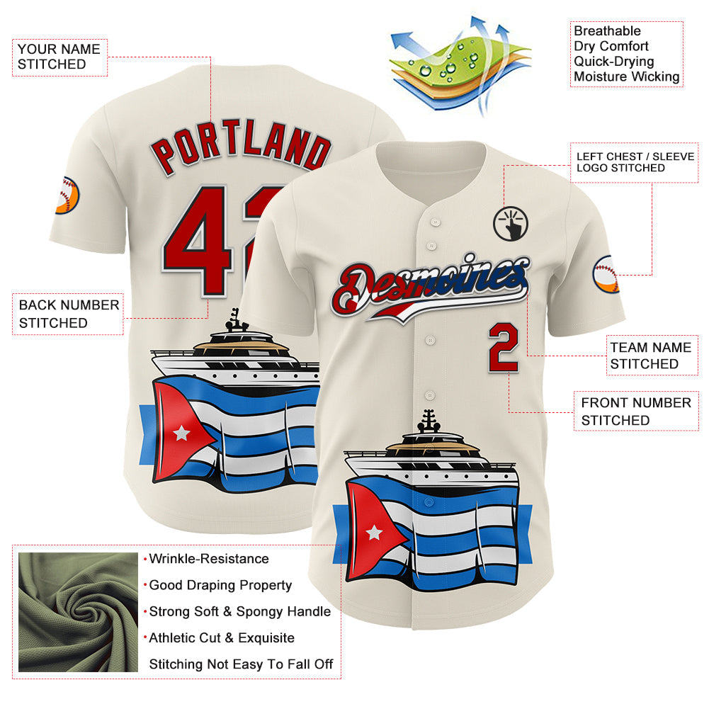 Custom Cream Red Black White-Cuban Flag 3D Cuba Authentic Baseball Jersey - Sky-Custom