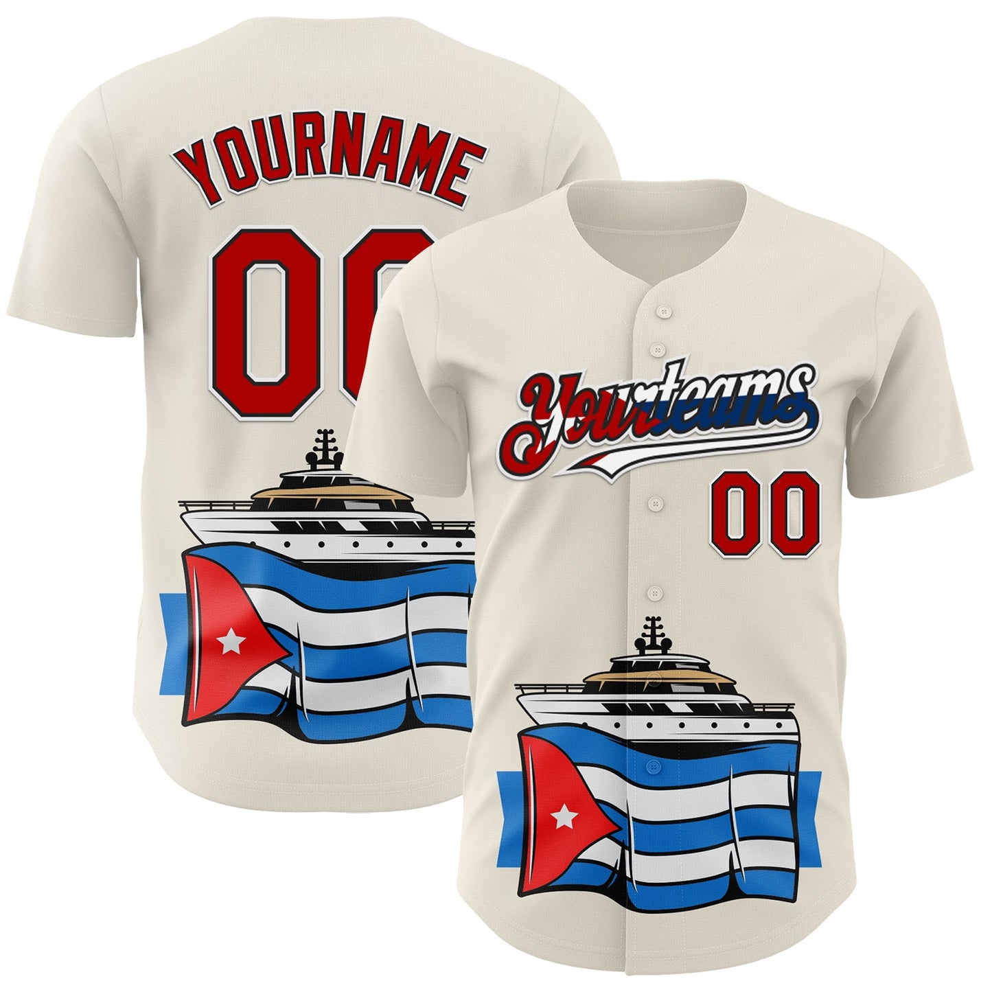Custom Cream Red Black White-Cuban Flag 3D Cuba Authentic Baseball Jersey - Sky-Custom
