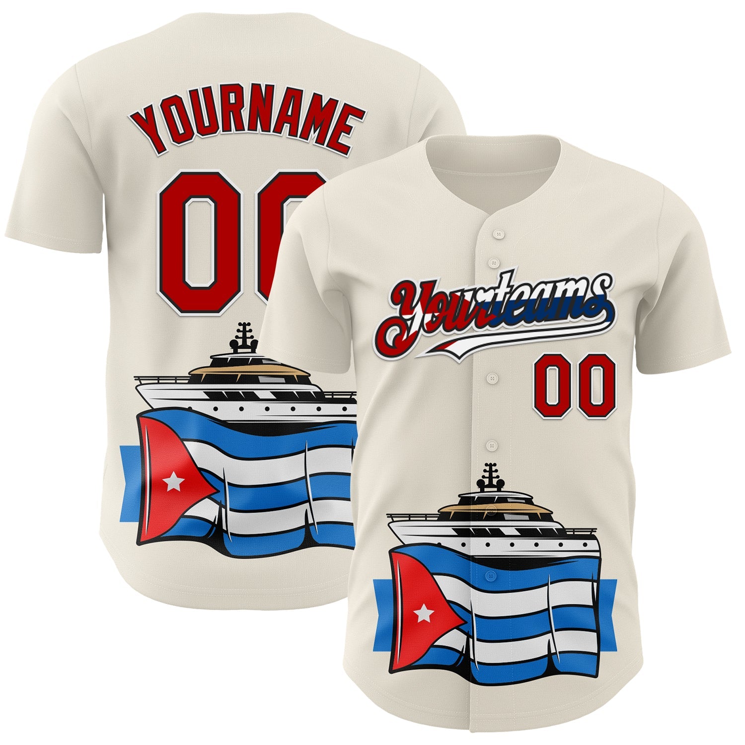 Custom Cream Red Black White-Cuban Flag 3D Cuba Authentic Baseball Jersey - Sky-Custom