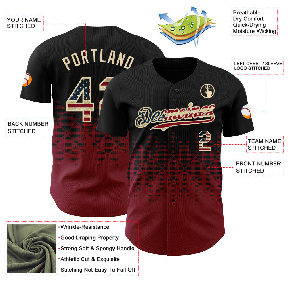 Custom Black Vintage USA Flag Crimson-Cream 3D Gradient Square Shape Authentic Baseball Jersey - Sky-Custom