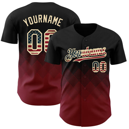 Custom Black Vintage USA Flag Crimson-Cream 3D Gradient Square Shape Authentic Baseball Jersey - Sky-Custom