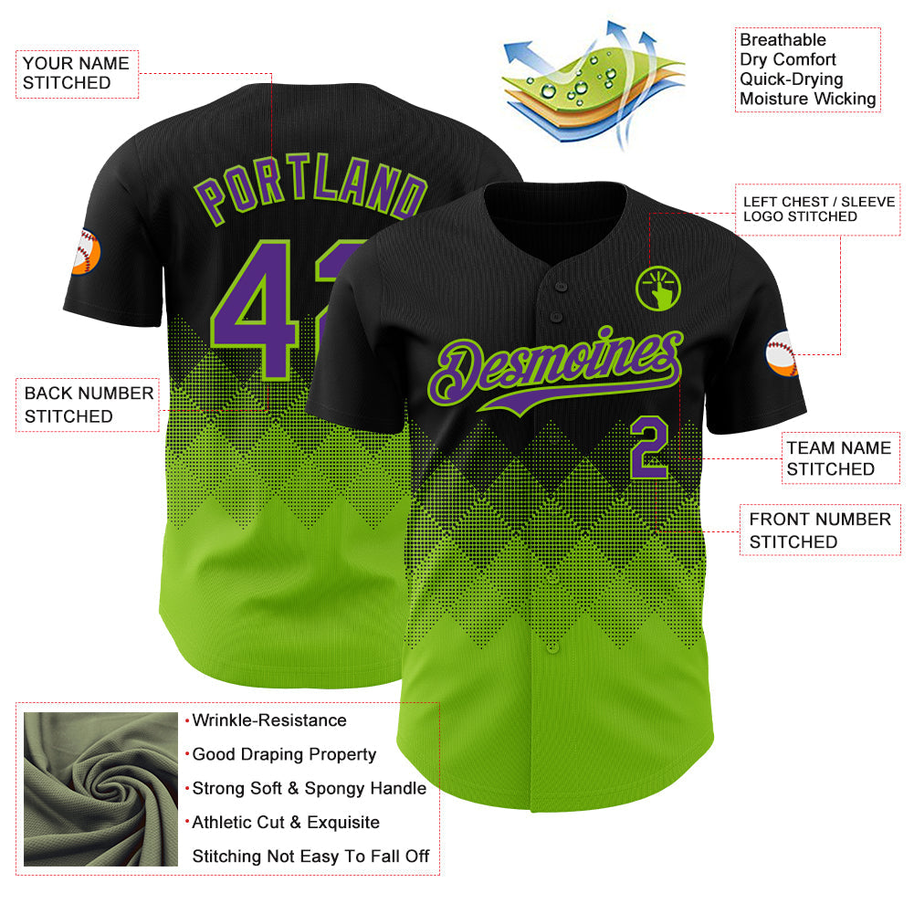 Custom Black Purple-Neon Green 3D Gradient Square Shape Authentic Baseball Jersey - Sky-Custom