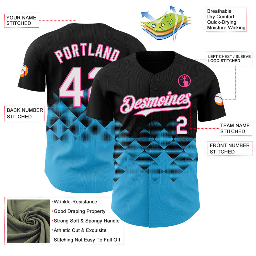 Custom Black White Sky Blue-Pink 3D Gradient Square Shape Authentic Baseball Jersey - Sky-Custom