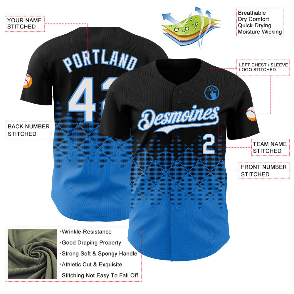 Custom Black White-Electric Blue 3D Gradient Square Shape Authentic Baseball Jersey - Sky-Custom