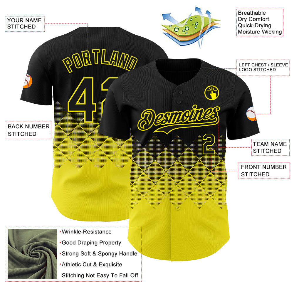 Custom Black Light Yellow 3D Gradient Square Shape Authentic Baseball Jersey - Sky-Custom