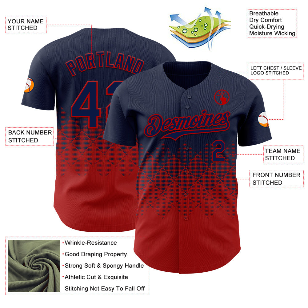 Custom Navy Red 3D Gradient Square Shape Authentic Baseball Jersey - Sky-Custom