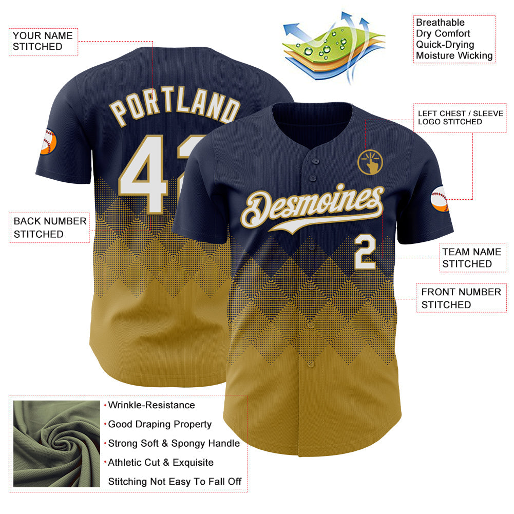 Custom Navy White-Old Gold 3D Gradient Square Shape Authentic Baseball Jersey - Sky-Custom