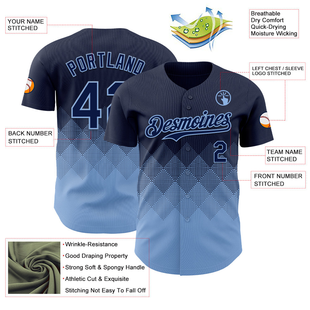 Custom Navy Light Blue 3D Gradient Square Shape Authentic Baseball Jersey - Sky-Custom