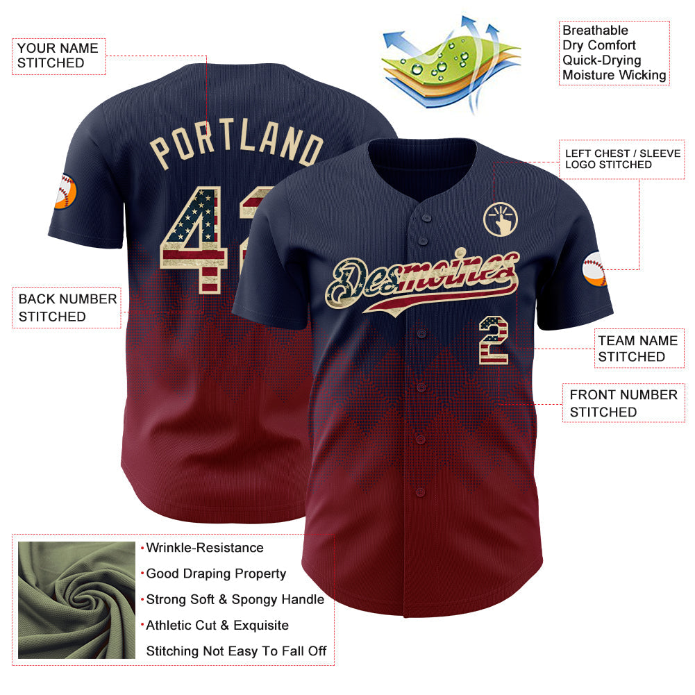 Custom Navy Vintage USA Flag Crimson-Cream 3D Gradient Square Shape Authentic Baseball Jersey - Sky-Custom
