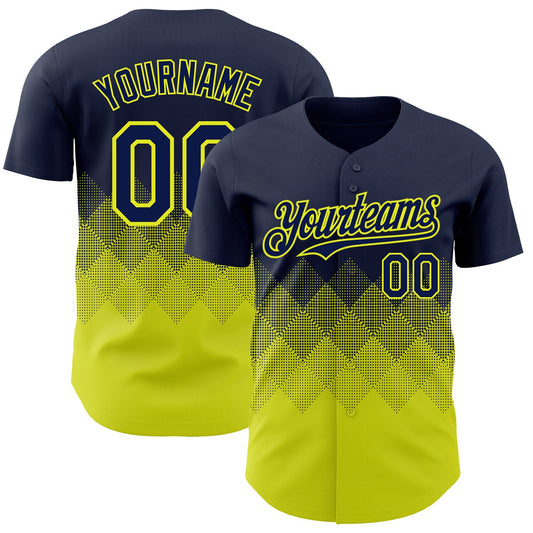 Custom Navy Neon Yellow 3D Gradient Square Shape Authentic Baseball Jersey - Sky-Custom