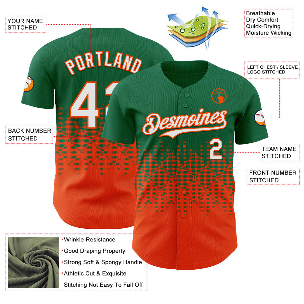 Custom Kelly Green White-Orange 3D Gradient Square Shape Authentic Baseball Jersey - Sky-Custom