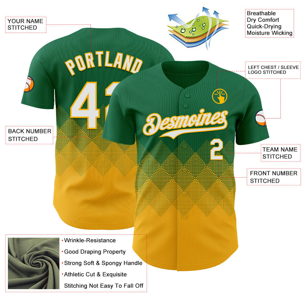 Custom Kelly Green White-Gold 3D Gradient Square Shape Authentic Baseball Jersey - Sky-Custom