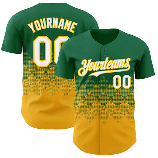 Custom Kelly Green White-Gold 3D Gradient Square Shape Authentic Baseball Jersey - Sky-Custom