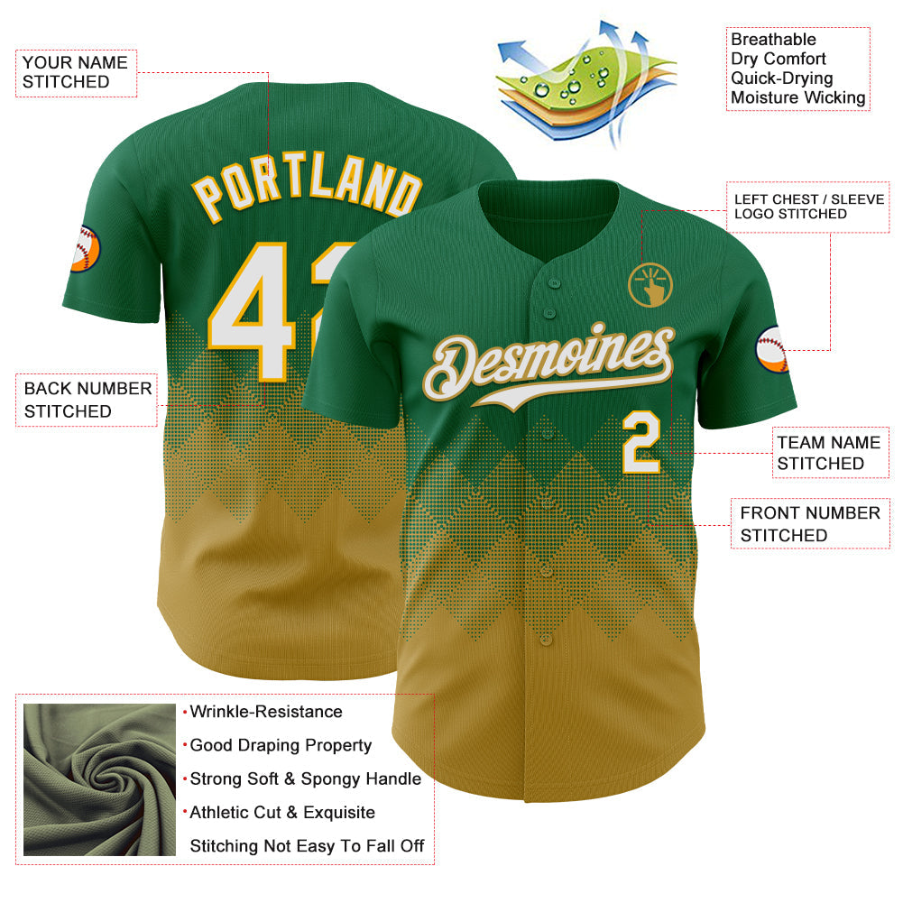 Custom Kelly Green White-Old Gold 3D Gradient Square Shape Authentic Baseball Jersey - Sky-Custom