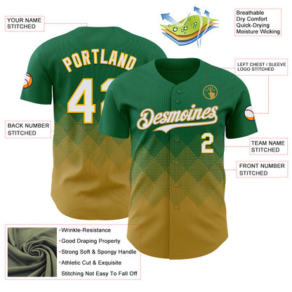 Custom Kelly Green White-Old Gold 3D Gradient Square Shape Authentic Baseball Jersey - Sky-Custom