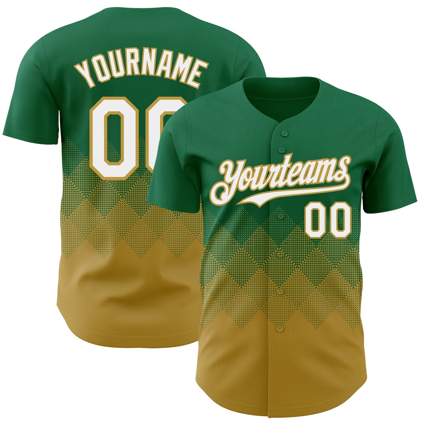 Custom Kelly Green White-Old Gold 3D Gradient Square Shape Authentic Baseball Jersey - Sky-Custom