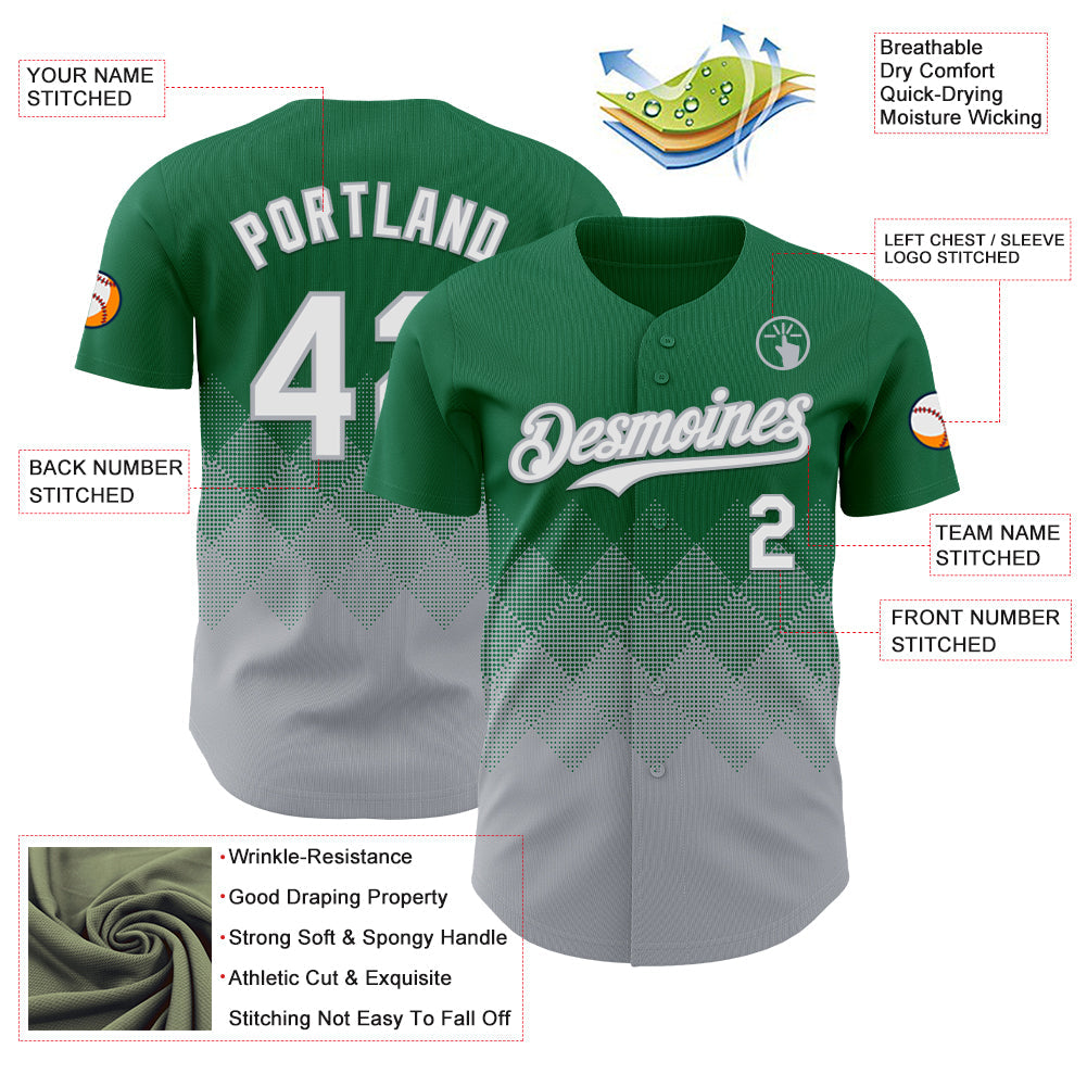 Custom Kelly Green White-Gray 3D Gradient Square Shape Authentic Baseball Jersey - Sky-Custom