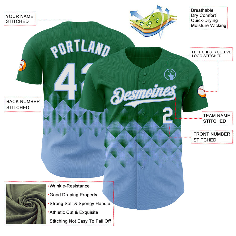 Custom Kelly Green White-Light Blue 3D Gradient Square Shape Authentic Baseball Jersey - Sky-Custom
