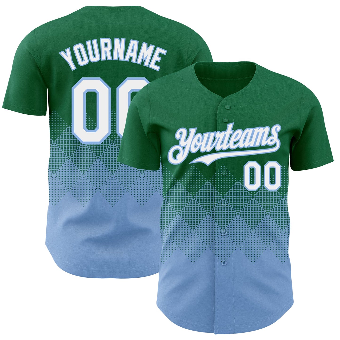 Custom Kelly Green White-Light Blue 3D Gradient Square Shape Authentic Baseball Jersey - Sky-Custom