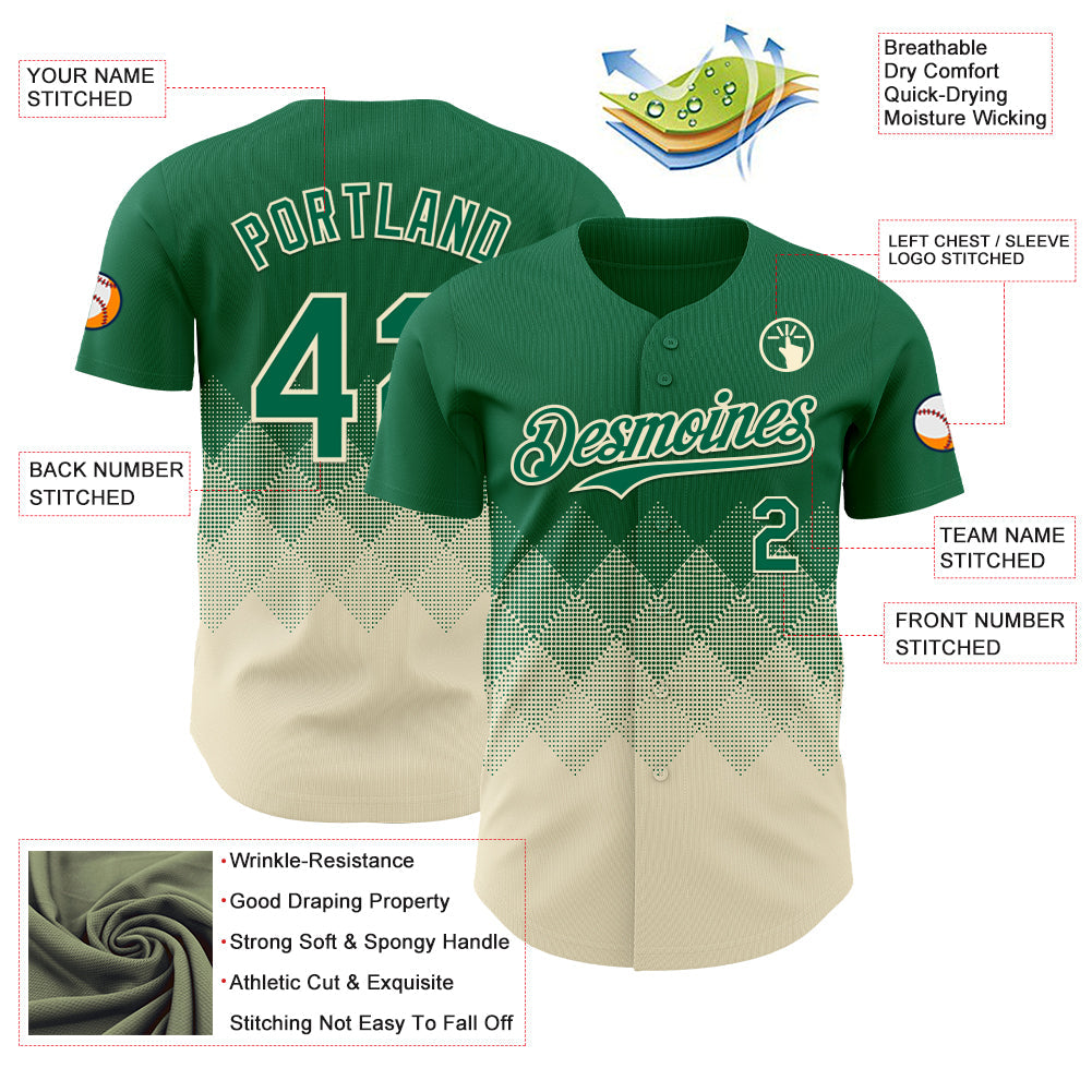 Custom Kelly Green Cream 3D Gradient Square Shape Authentic Baseball Jersey - Sky-Custom