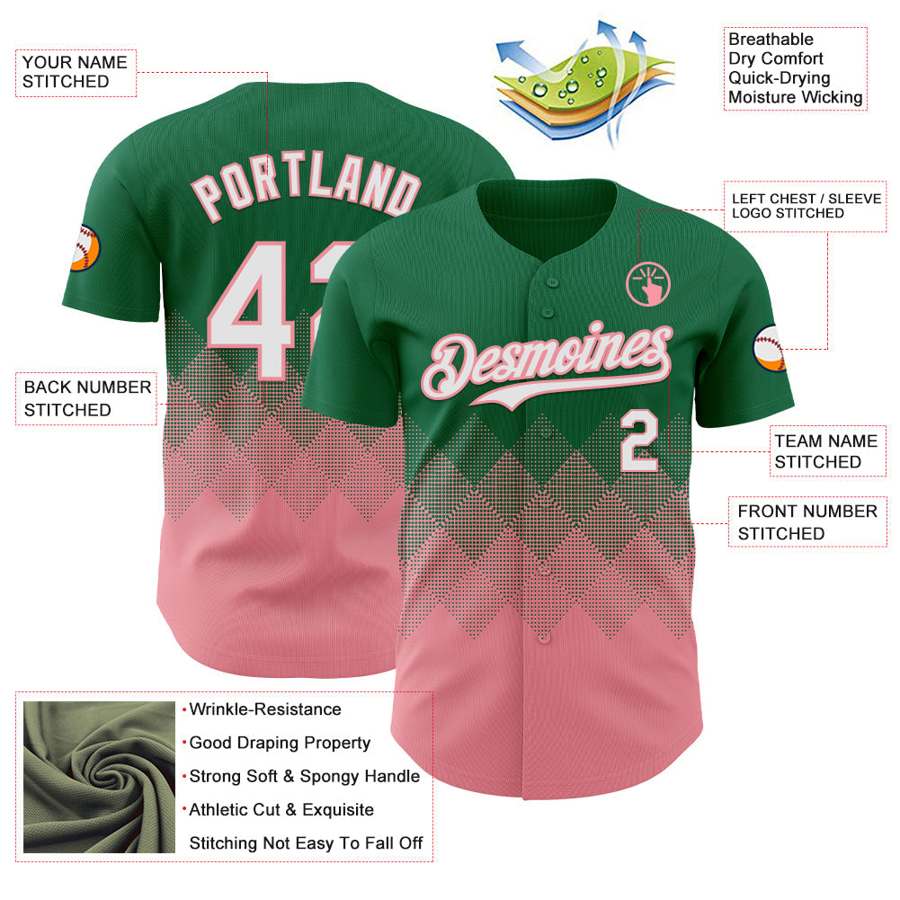 Custom Kelly Green White-Medium Pink 3D Gradient Square Shape Authentic Baseball Jersey - Sky-Custom
