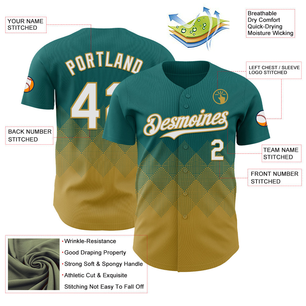 Custom Teal White-Old Gold 3D Gradient Square Shape Authentic Baseball Jersey - Sky-Custom