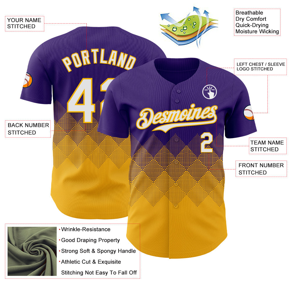 Custom Purple White-Gold 3D Gradient Square Shape Authentic Baseball Jersey - Sky-Custom