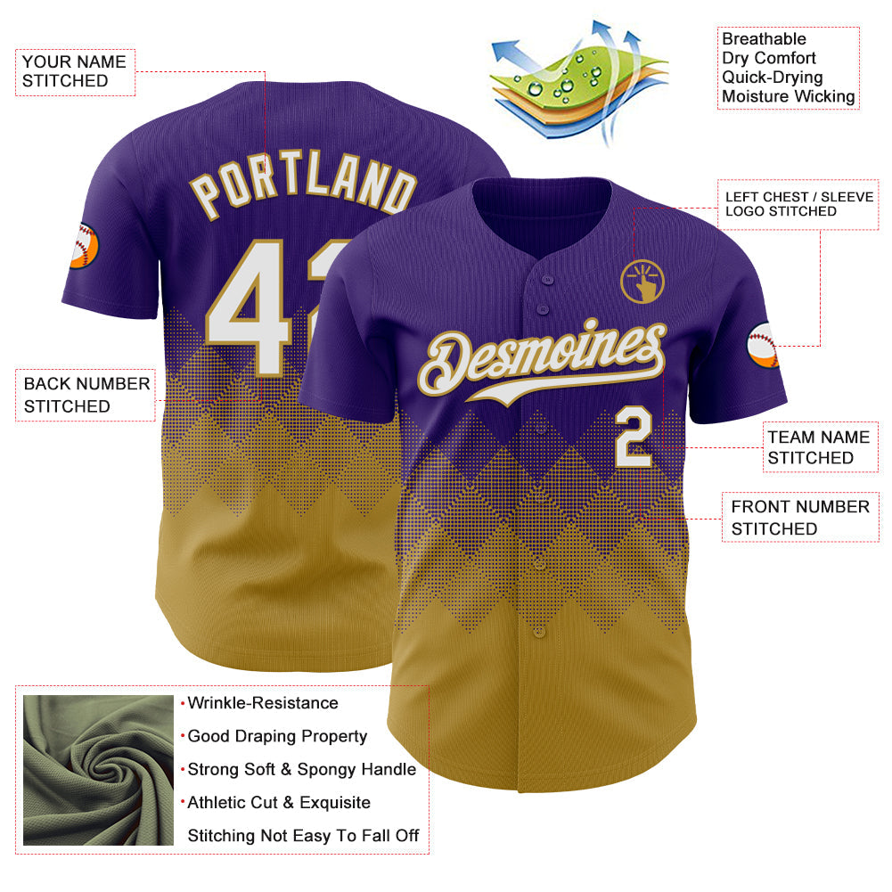 Custom Purple White-Old Gold 3D Gradient Square Shape Authentic Baseball Jersey - Sky-Custom