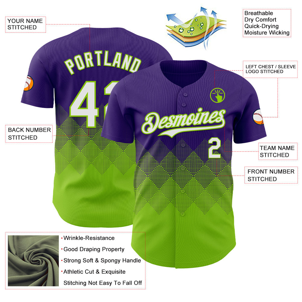 Custom Purple White-Neon Green 3D Gradient Square Shape Authentic Baseball Jersey - Sky-Custom