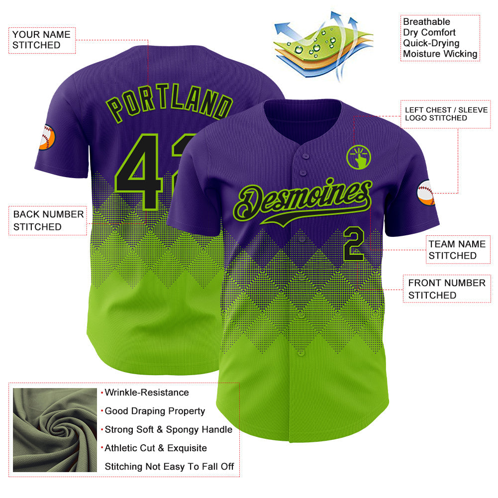 Custom Purple Black-Neon Green 3D Gradient Square Shape Authentic Baseball Jersey - Sky-Custom