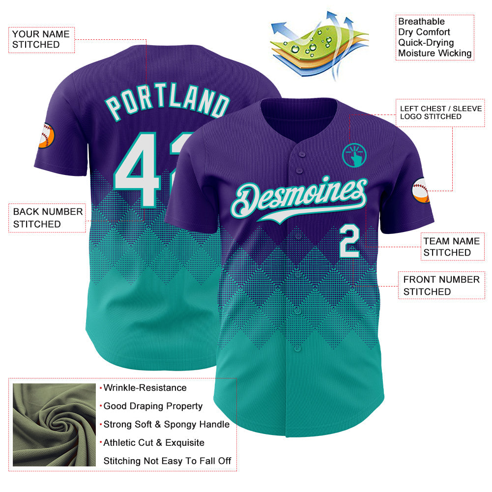 Custom Purple White-Aqua 3D Gradient Square Shape Authentic Baseball Jersey - Sky-Custom